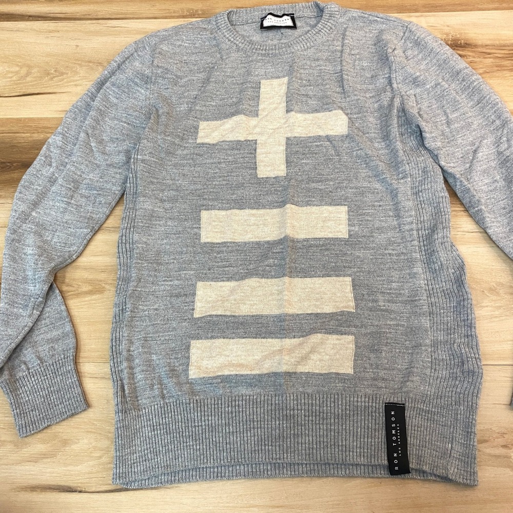 Ron Tomson Los Angeles Sweater Mens L-XL Gray Graphic Cross Crewneck Slim Fit